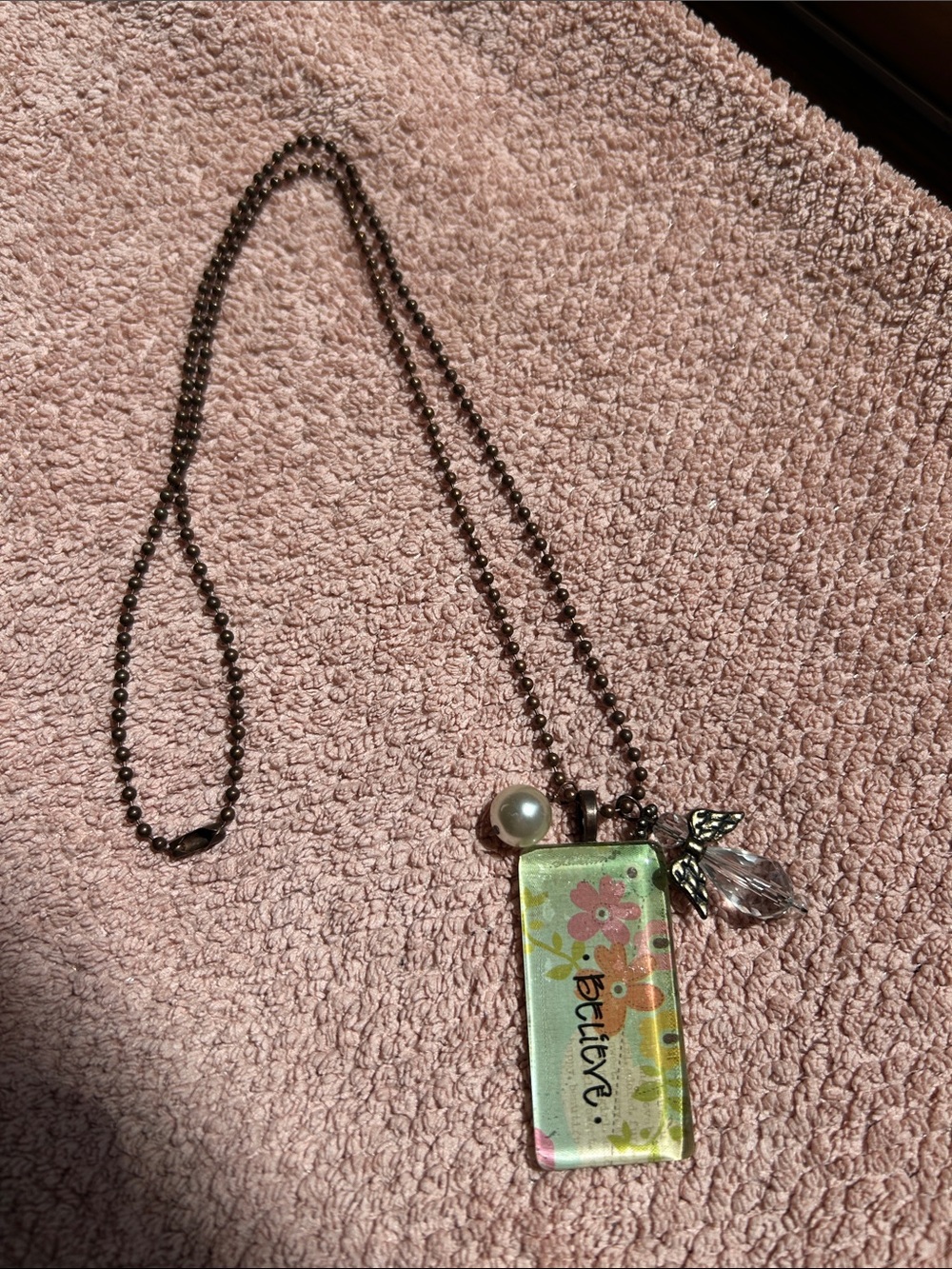 "Believe" Floral Glass Rectangular Pendant Necklace with charms
